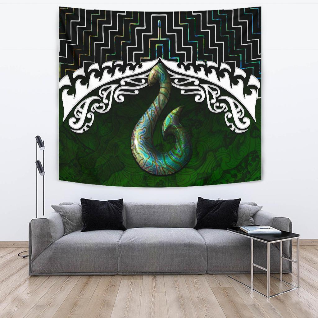 New Zealand Maori Tapestry, Poutama Hei Matau Paua Shell Wall Tapestry Large 104" x 88" Paua Shell - Polynesian Pride
