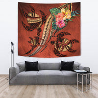 Polynesian Turtle Tapestry - Tribal Tattoo with Hibiscus Coral Wall Tapestry - Turtle Large 104" x 88" Coral - Polynesian Pride