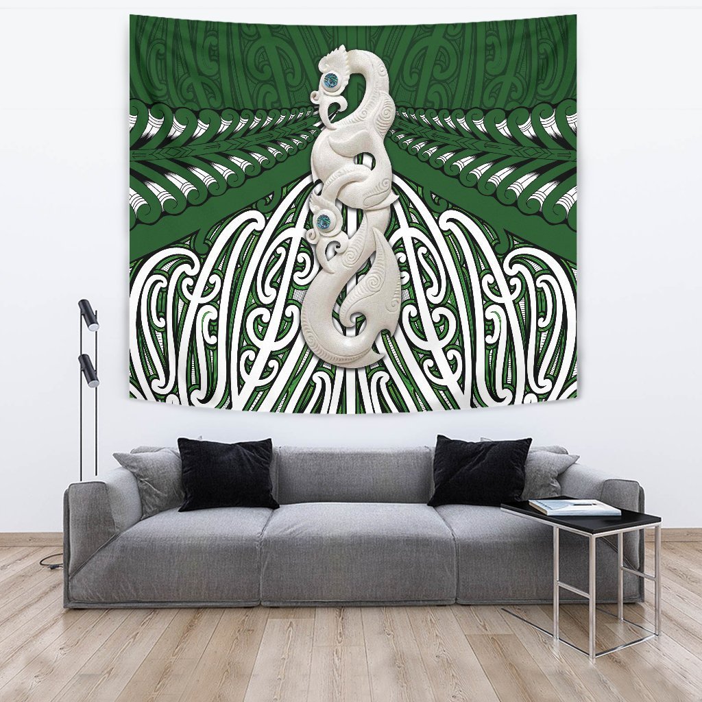 Maori Moko Tattoo Tapestry, Manaia Pounamu Wall Tapestry Large 104" x 88" Green - Polynesian Pride