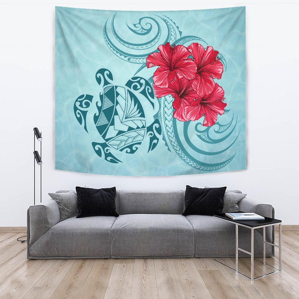 Hawaii Polynesian Turtle Hibiscus Blue Tapestry - Bless Style Wall Tapestry Large 104" x 88" Blue - Polynesian Pride
