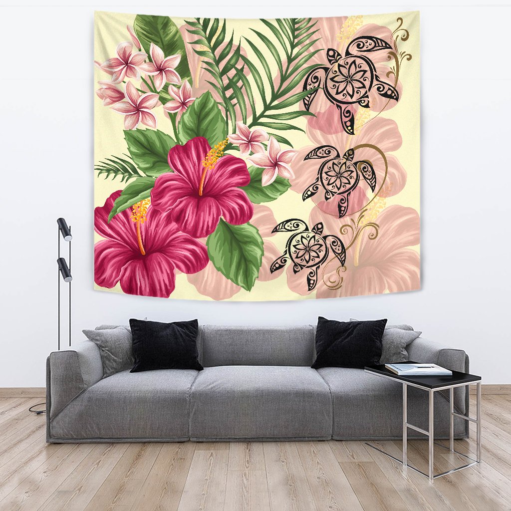 Hawaii Turtle Hibiscus Plumeria Beige Style - Tapestry AH Wall Tapestry 150cm*150cm Yellow - Polynesian Pride