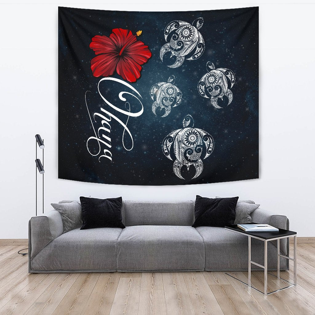Hawaii Ohana Turtle Hibiscus Galaxy Tapestry Wall Tapestry Large 104" x 88" Black - Polynesian Pride