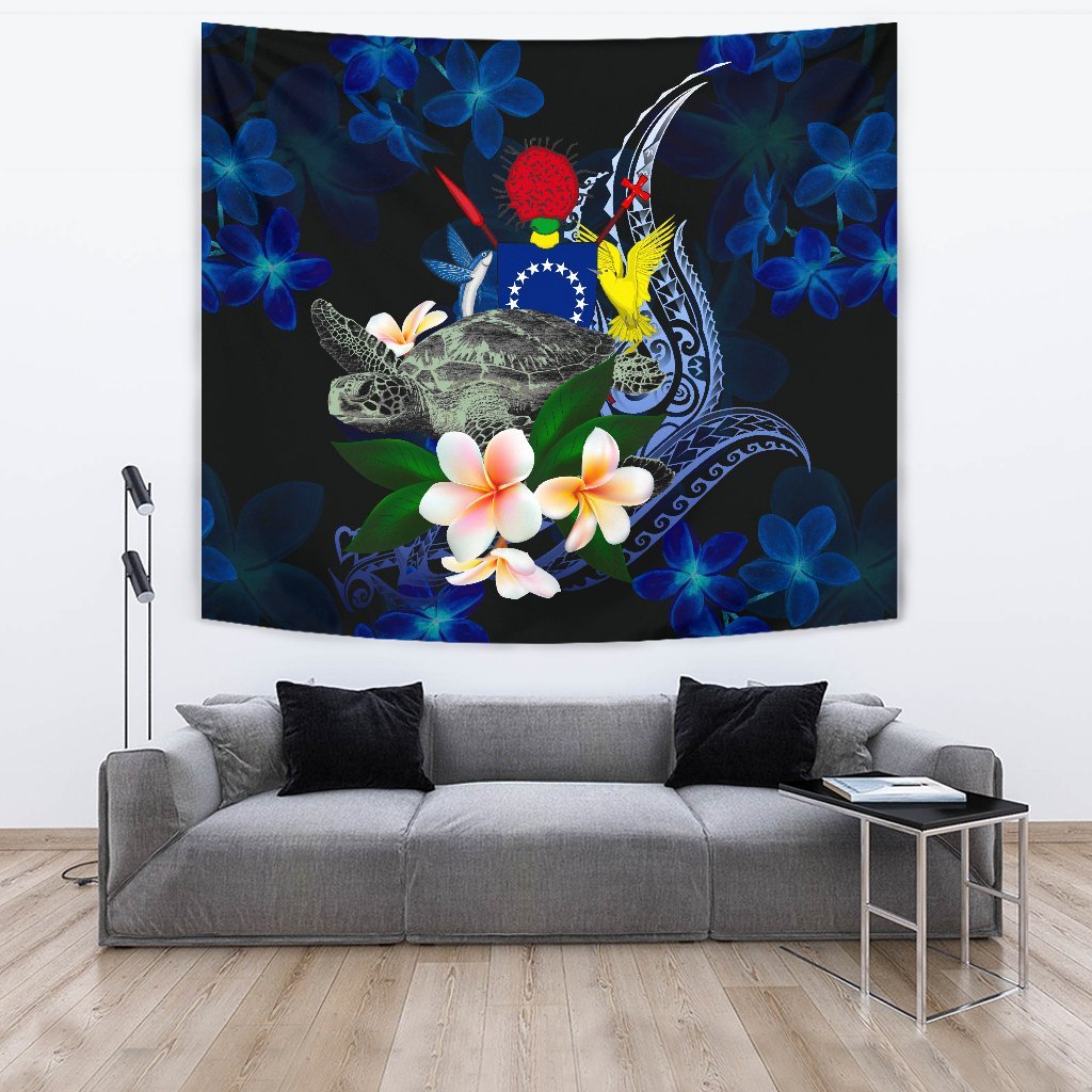 Cook Islands Polynesian Tapestry - Turtle With Plumeria Flowers One Style Large 104" x 88" Blue - Polynesian Pride