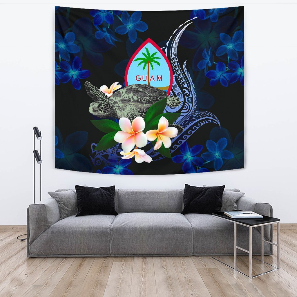 Guam Polynesian Tapestry - Turtle With Plumeria Flowers One Style Large 104" x 88" Blue - Polynesian Pride