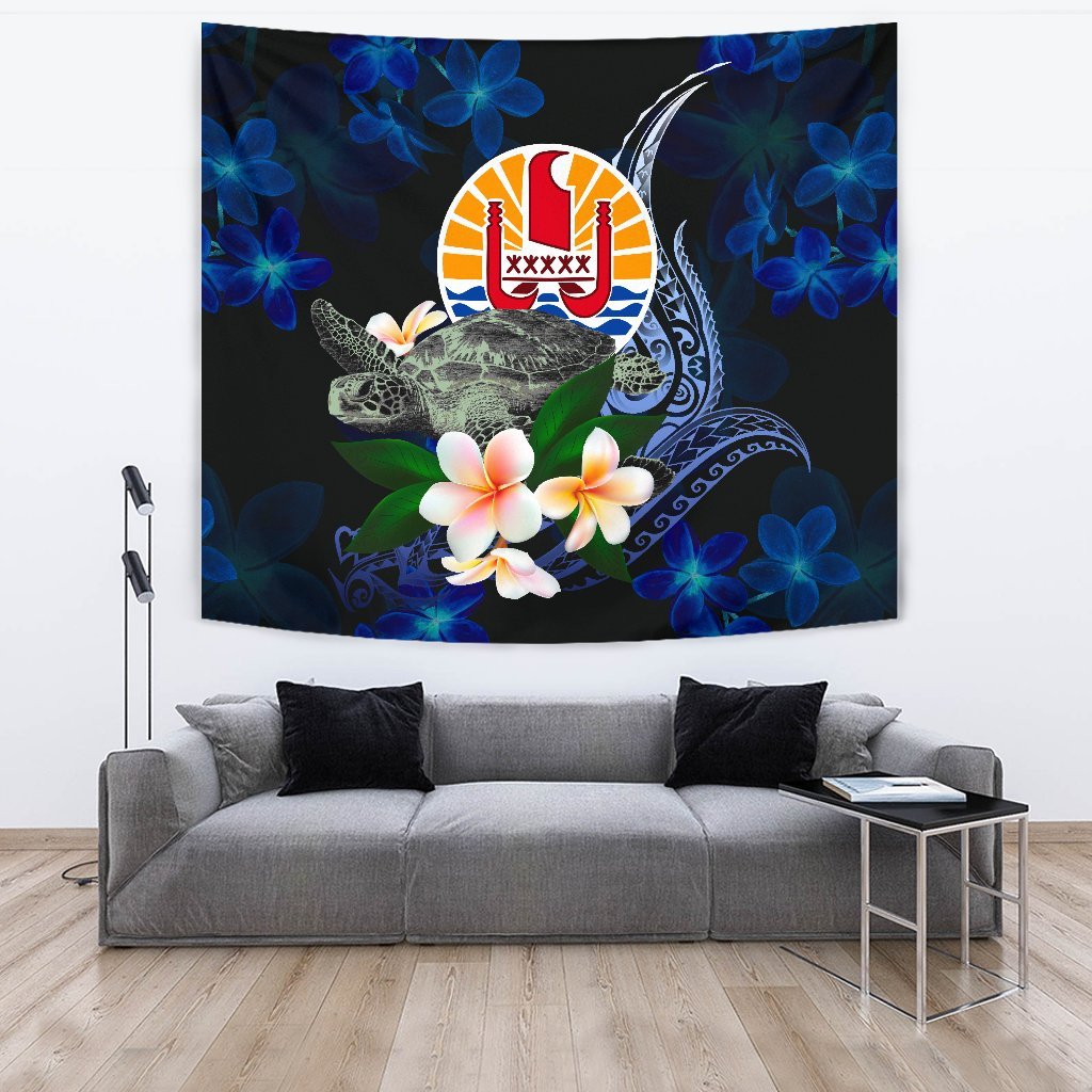 Tahiti Polynesian Tapestry - Turtle With Plumeria Flowers One Style Large 104" x 88" Blue - Polynesian Pride