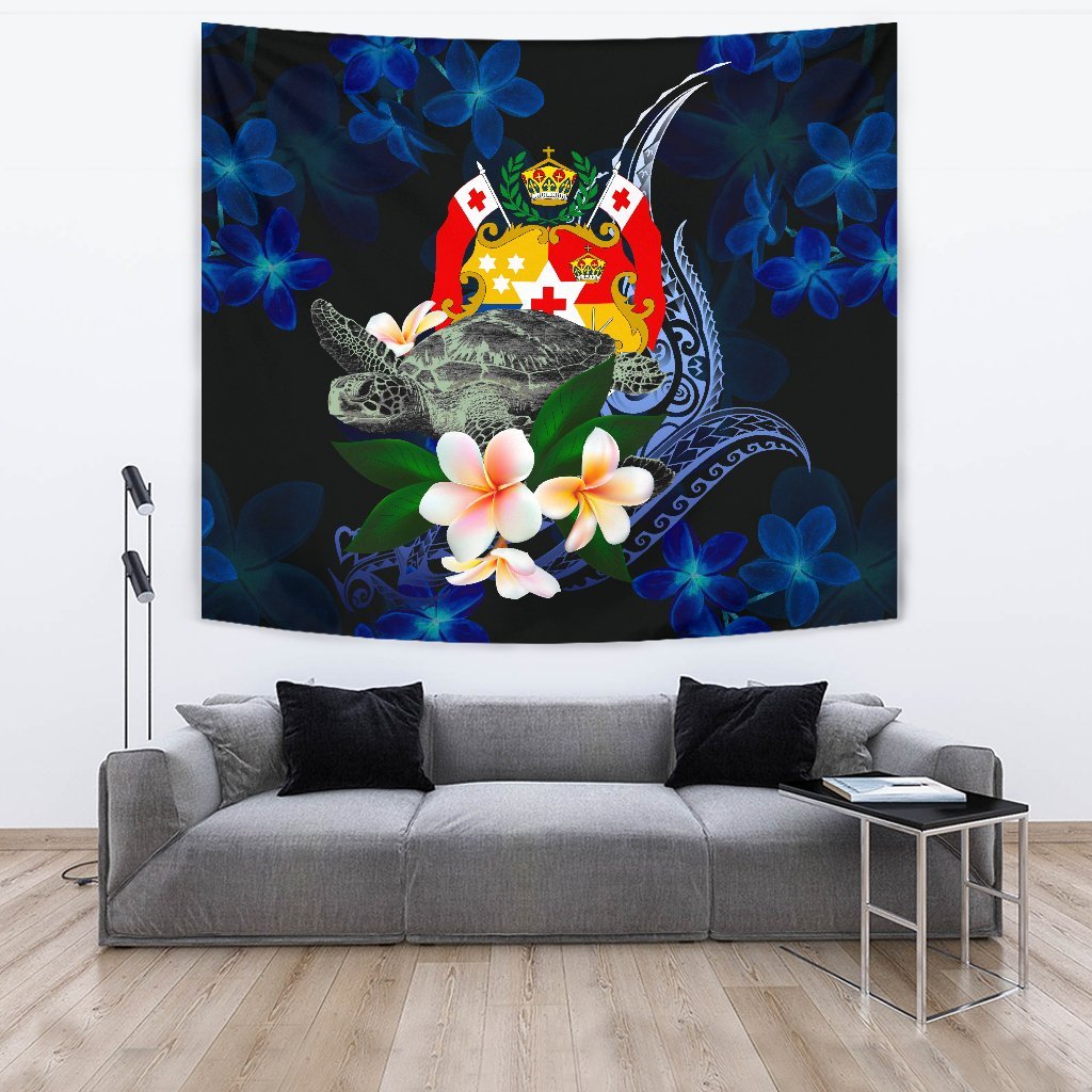 Tonga Polynesian Tapestry - Turtle With Plumeria Flowers One Stye Large 104" x 88" Blue - Polynesian Pride