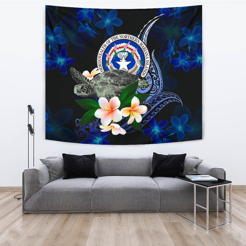 Northern Mariana Islands Polynesian Tapestry - Turtle With Plumeria Flowers One Style Large 104" x 88" Blue - Polynesian Pride