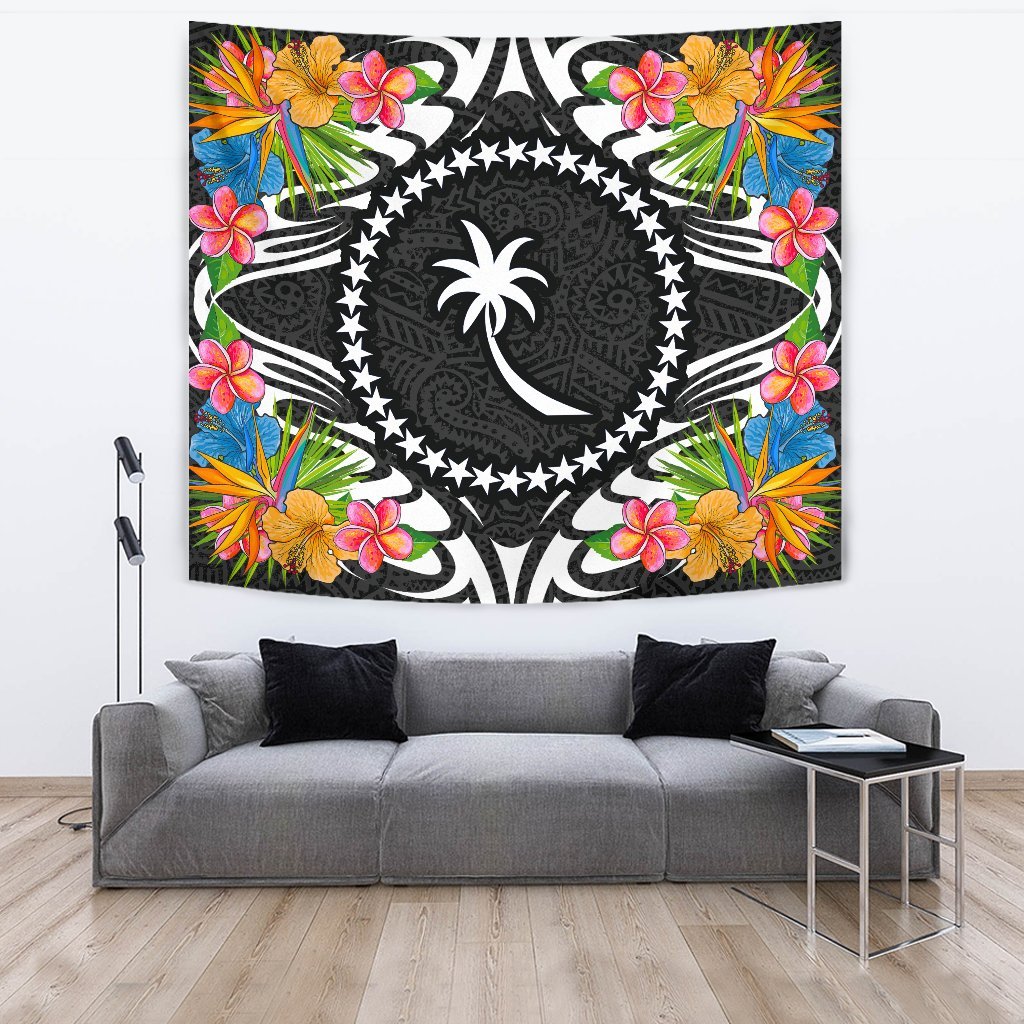 Chuuk State Tapestrys - Tropical Flowers Style Wall Tapestry - Chuuk State Large 104" x 88" Black - Polynesian Pride
