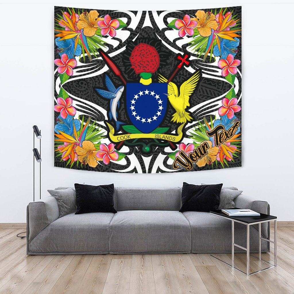 Cook Islands Tapestrys - Custom Personalised Tropical Flowers Style Wall Tapestry - Cook Islands Large 104" x 88" Black - Polynesian Pride