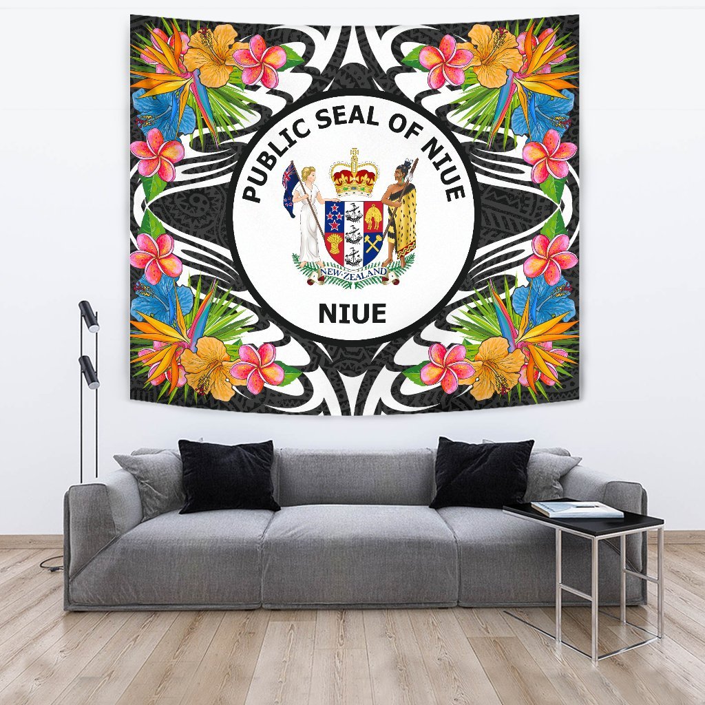 Niue Tapestrys - Tropical Flowers Style Wall Tapestry - Niue Large 104" x 88" Black - Polynesian Pride