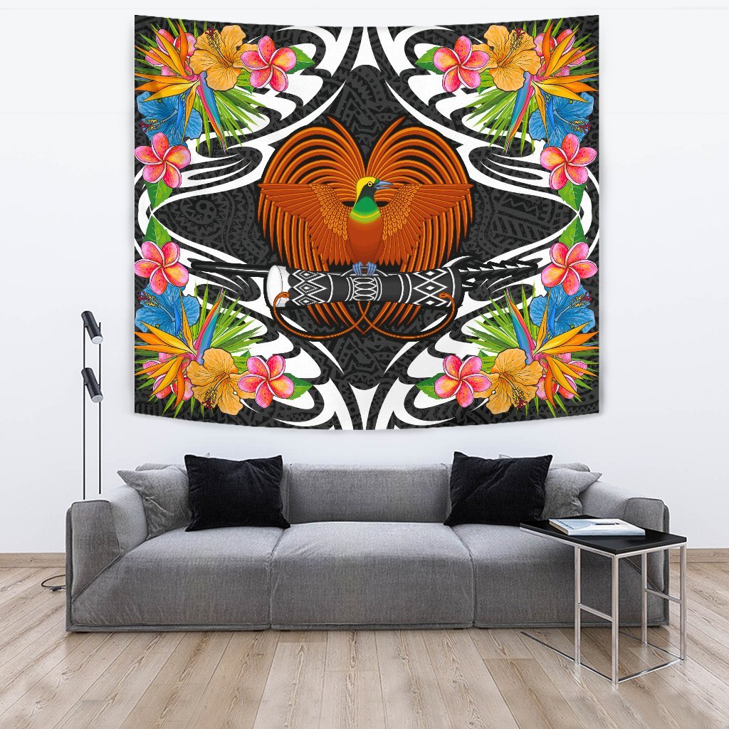 Papua New Guinea Tapestrys - Tropical Flowers Style Wall Tapestry - Papua New Guinea Large 104" x 88" Black - Polynesian Pride