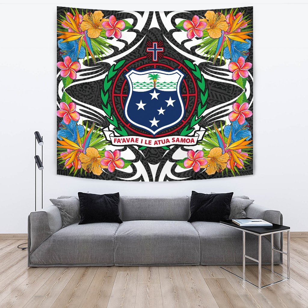 Samoa Tapestrys - Tropical Flowers Style Wall Tapestry - Samoa Large 104" x 88" Black - Polynesian Pride