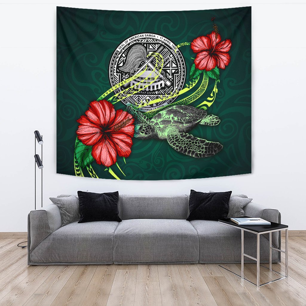 American Samoa Polynesian Tapestry - Green Turtle Hibiscus One Style Large 104" x 88" Green - Polynesian Pride