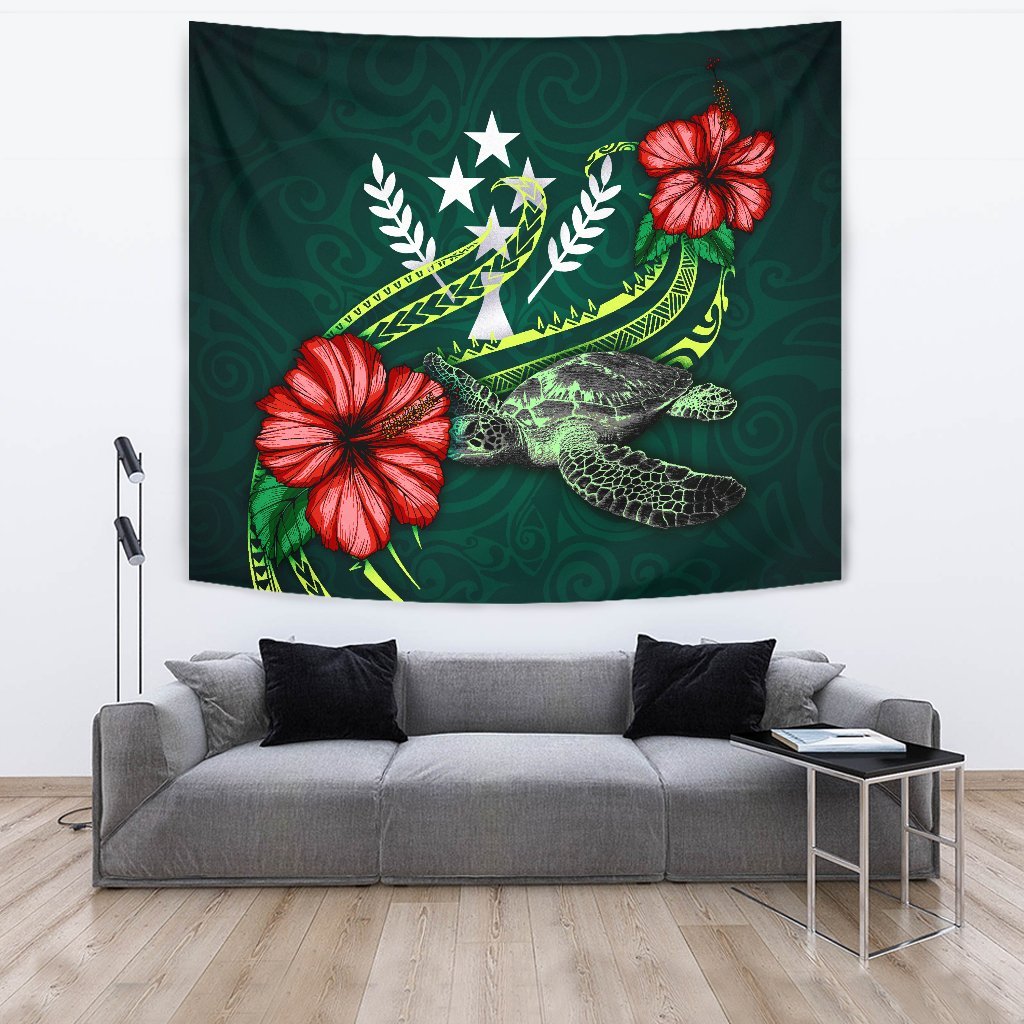 Kosrae Micronesia Tapestry - Green Turtle Hibiscus One Style Large 104" x 88" Green - Polynesian Pride