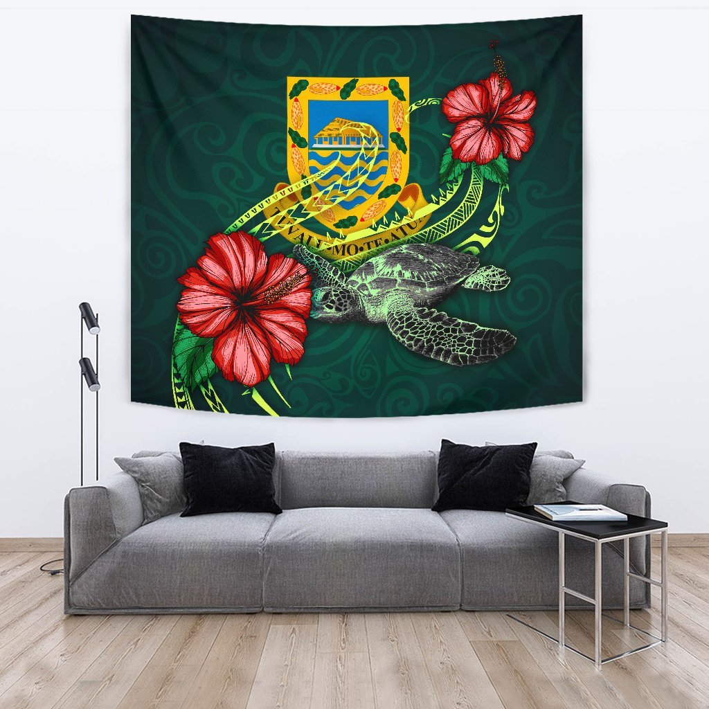 Tuvalu Polynesian Tapestry - Green Turtle Hibiscus One Style Large 104" x 88" Green - Polynesian Pride