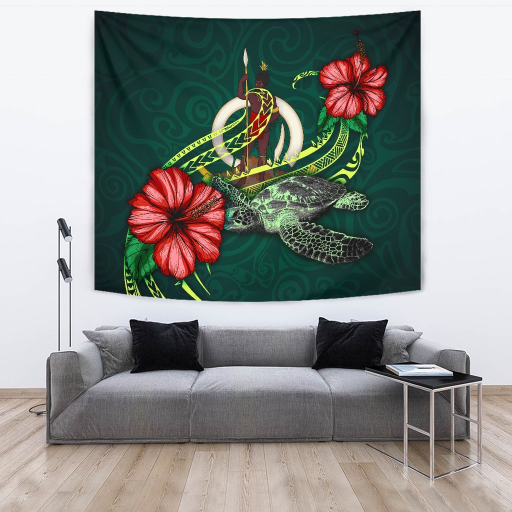 Vanuatu Polynesian Tapestry - Green Turtle Hibiscus One Style Large 104" x 88" Green - Polynesian Pride