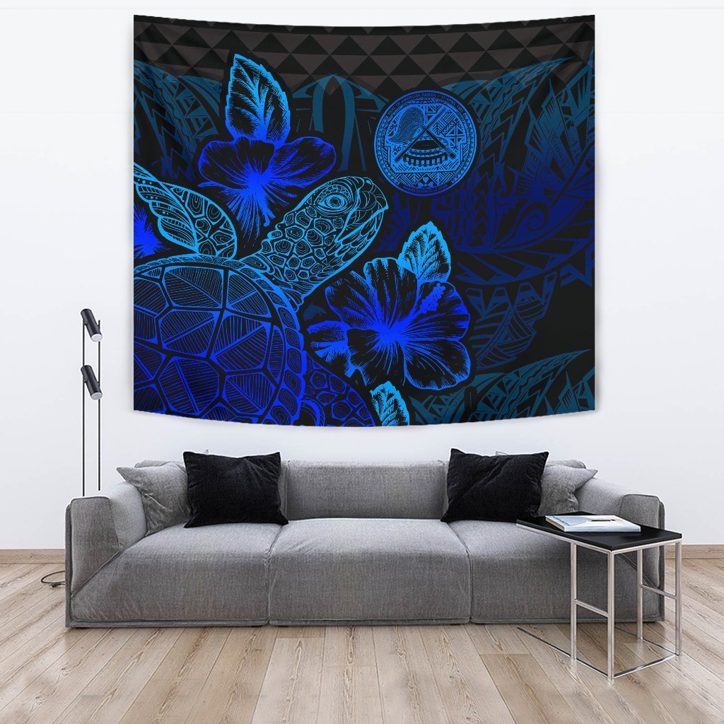 American Samoa Tapestry - Turtle Hibiscus Pattern Blue Wall Tapestry Large 104" x 88" Blue - Polynesian Pride