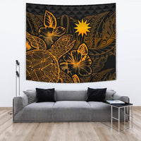 Nauru Tapestry - Turtle Hibiscus Pattern Gold Wall Tapestry Large 104" x 88" Gold - Polynesian Pride