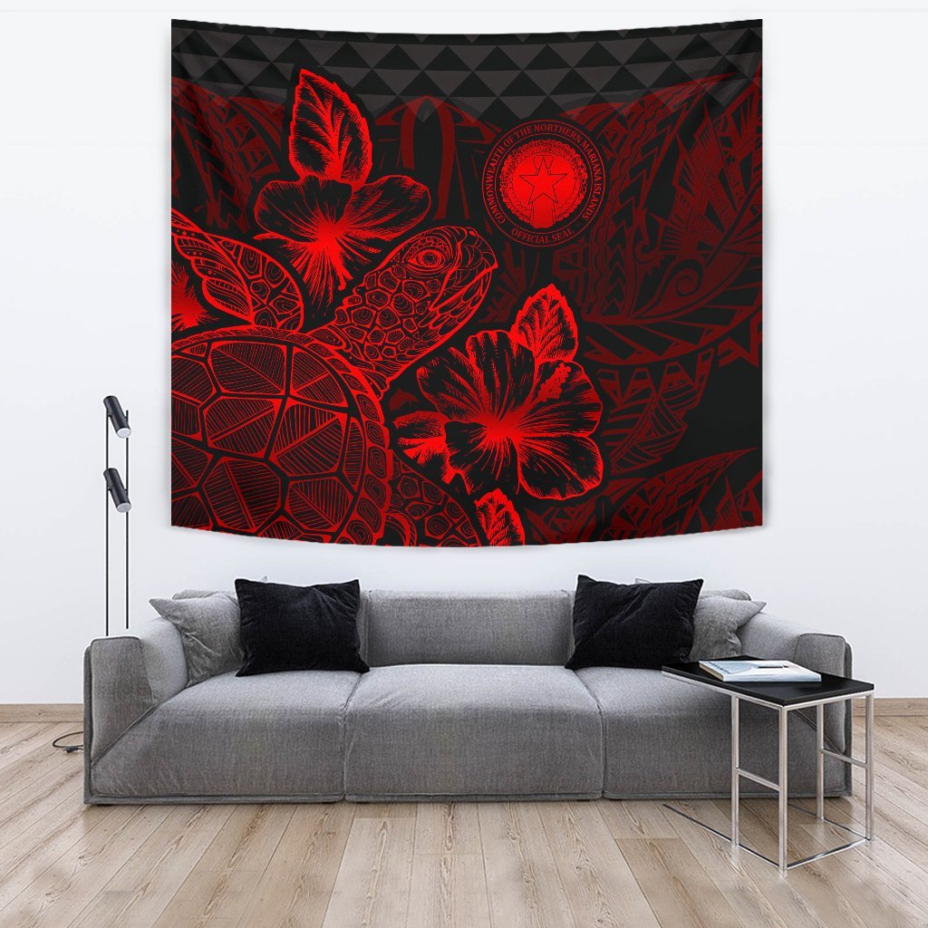 Northern Mariana Islands Tapestry - Turtle Hibiscus Pattern Red Wall Tapestry Large 104" x 88" Red - Polynesian Pride