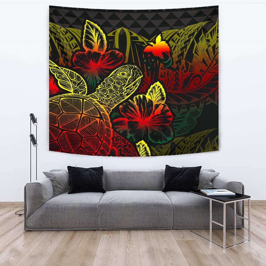 Papua New Guinea Tapestry - Turtle Hibiscus Pattern Reggae Wall Tapestry Large 104" x 88" Reggae - Polynesian Pride