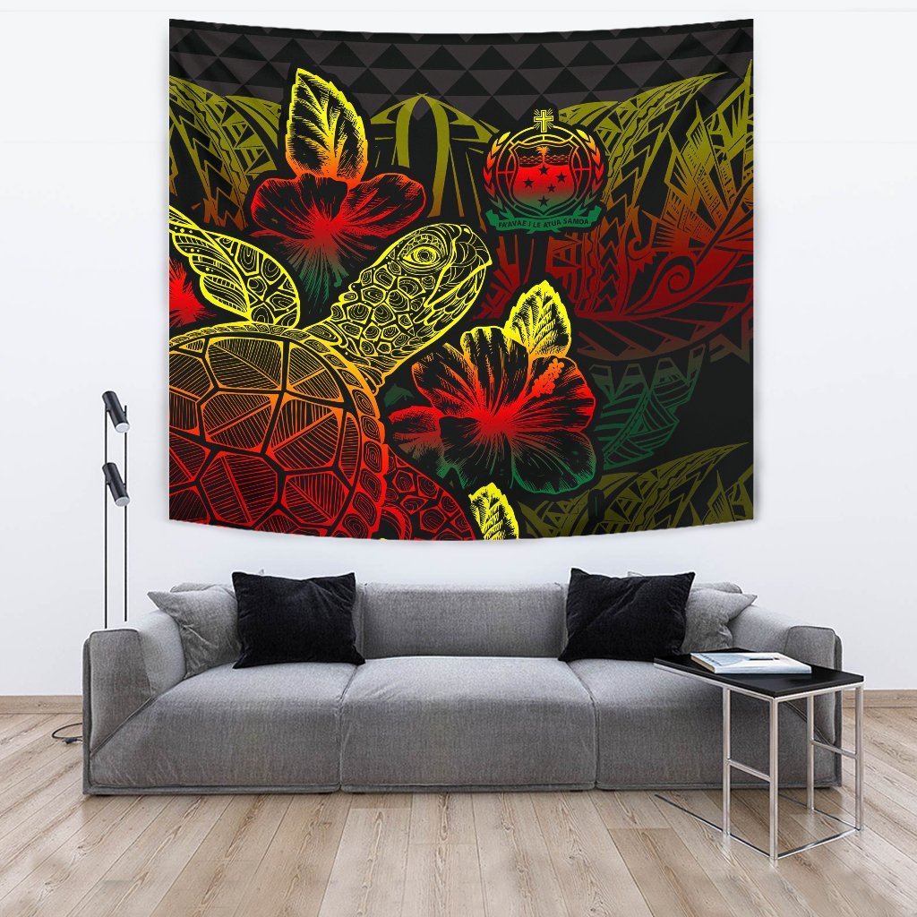 Samoa Tapestry - Turtle Hibiscus Pattern Reggae Wall Tapestry Large 104" x 88" Reggae - Polynesian Pride