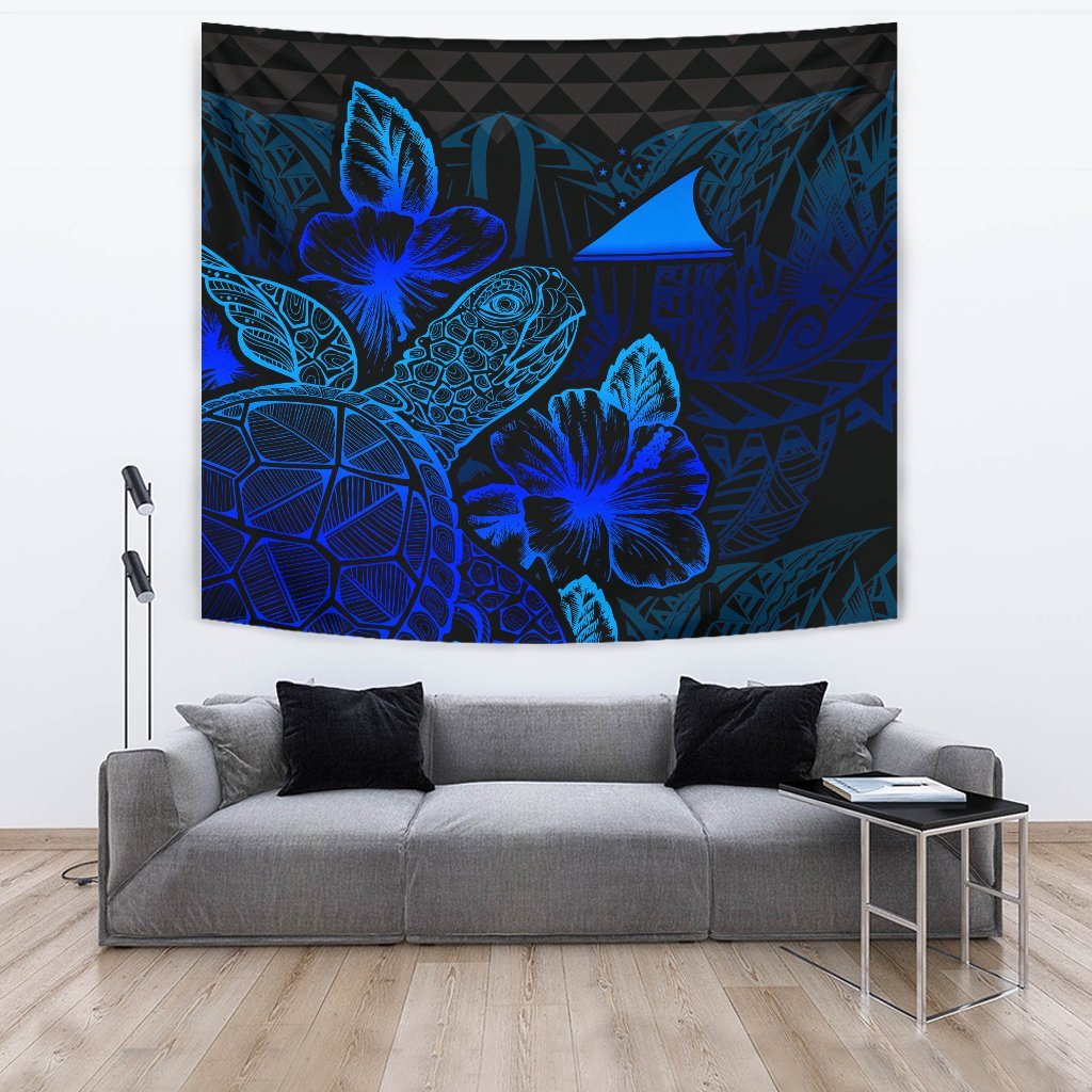 Tokelau Tapestry - Turtle Hibiscus Pattern Blue Wall Tapestry Large 104" x 88" Blue - Polynesian Pride