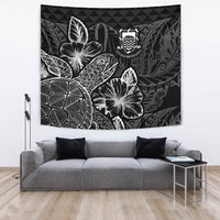 Tuvalu Tapestry - Turtle Hibiscus Pattern Black Wall Tapestry Large 104" x 88" Black - Polynesian Pride