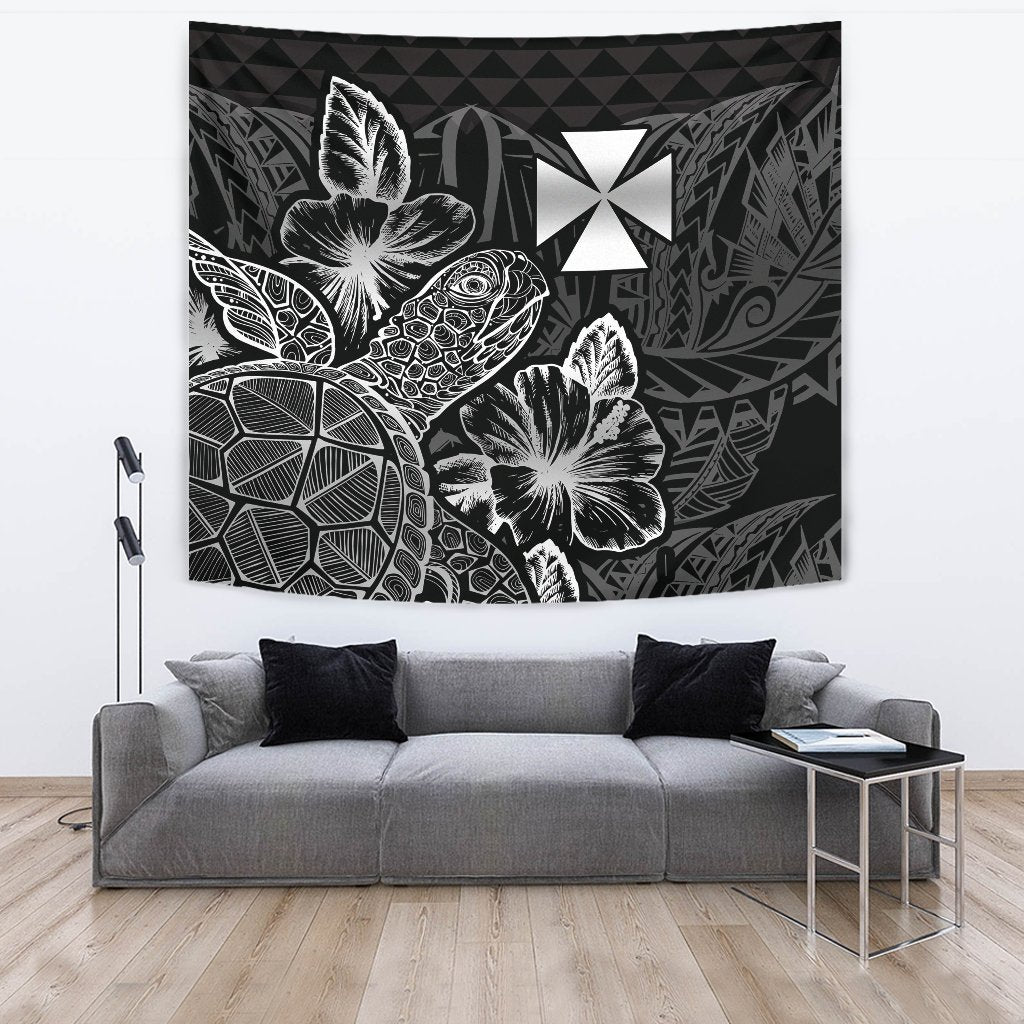 Wallis And Futuna Tapestry - Turtle Hibiscus Pattern Black Wall Tapestry Large 104" x 88" Black - Polynesian Pride