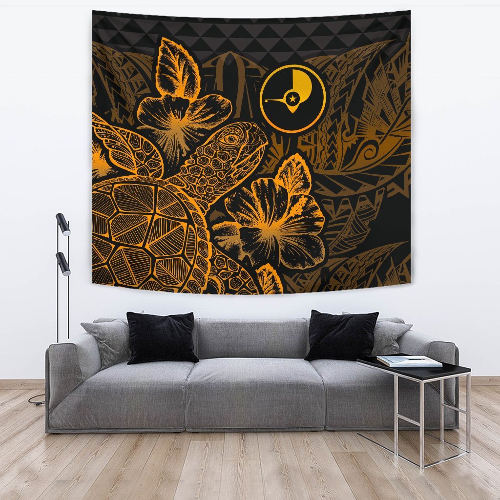 Yap Tapestry - Turtle Hibiscus Pattern Gold Wall Tapestry Large 104" x 88" Gold - Polynesian Pride