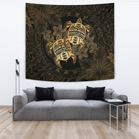 hawaiiTapestry - Turtle Strong Pattern Hibiscus Plumeria Gold AH Wall Tapestry Large 104" x 88" Gold - Polynesian Pride