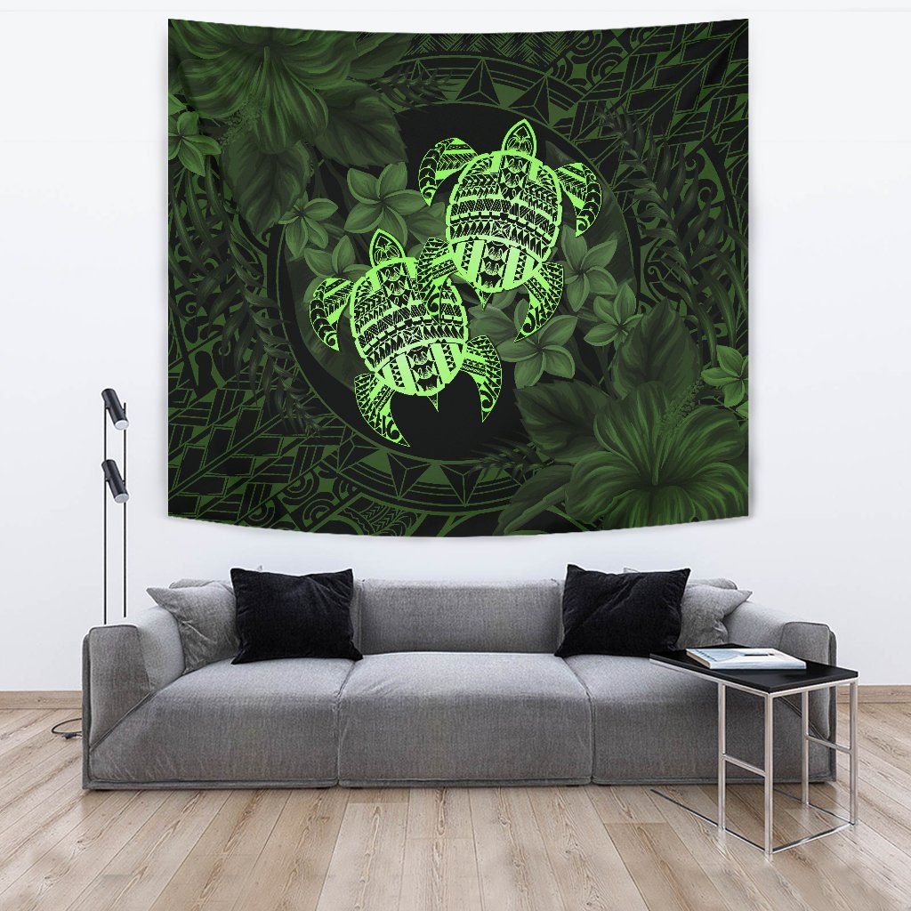 hawaiiTapestry - Turtle Strong Pattern Hibiscus Plumeria Green AH Wall Tapestry 150cm*150cm Green - Polynesian Pride