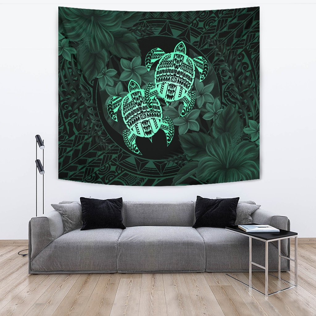 hawaiiTapestry - Turtle Strong Pattern Hibiscus Plumeria Turquoise AH Wall Tapestry Large 104" x 88" Turquoise - Polynesian Pride