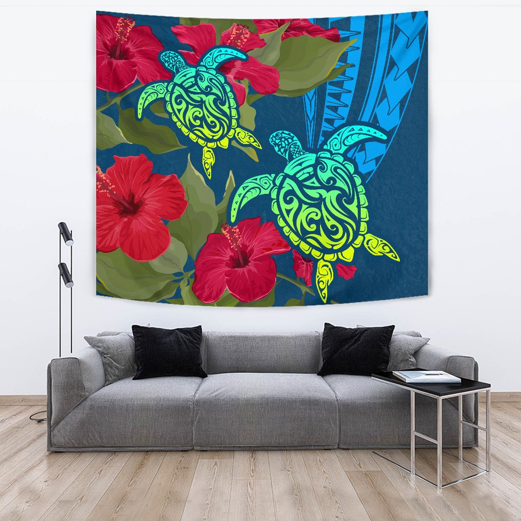 Hawaii Turtle Hibiscus Polynesian Tapestry - Bana Style Wall Tapestry Blue - Polynesian Pride