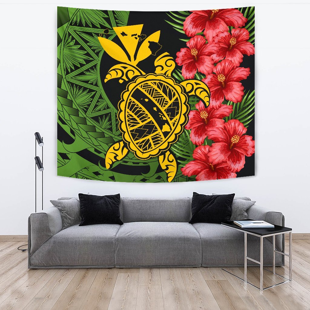 Hawaii Turtle Hibiscus Polynesian Tapestry - Aphos Style Wall Tapestry Green - Polynesian Pride