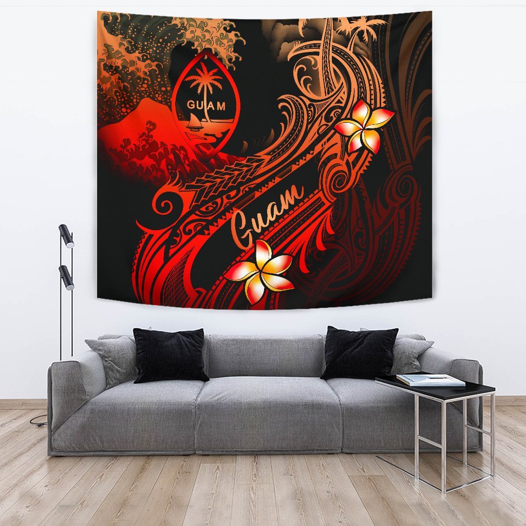 Guam Polynesian Tapestry - Plumeria Flowers And Waves One Style Large 104" x 88" Red - Polynesian Pride