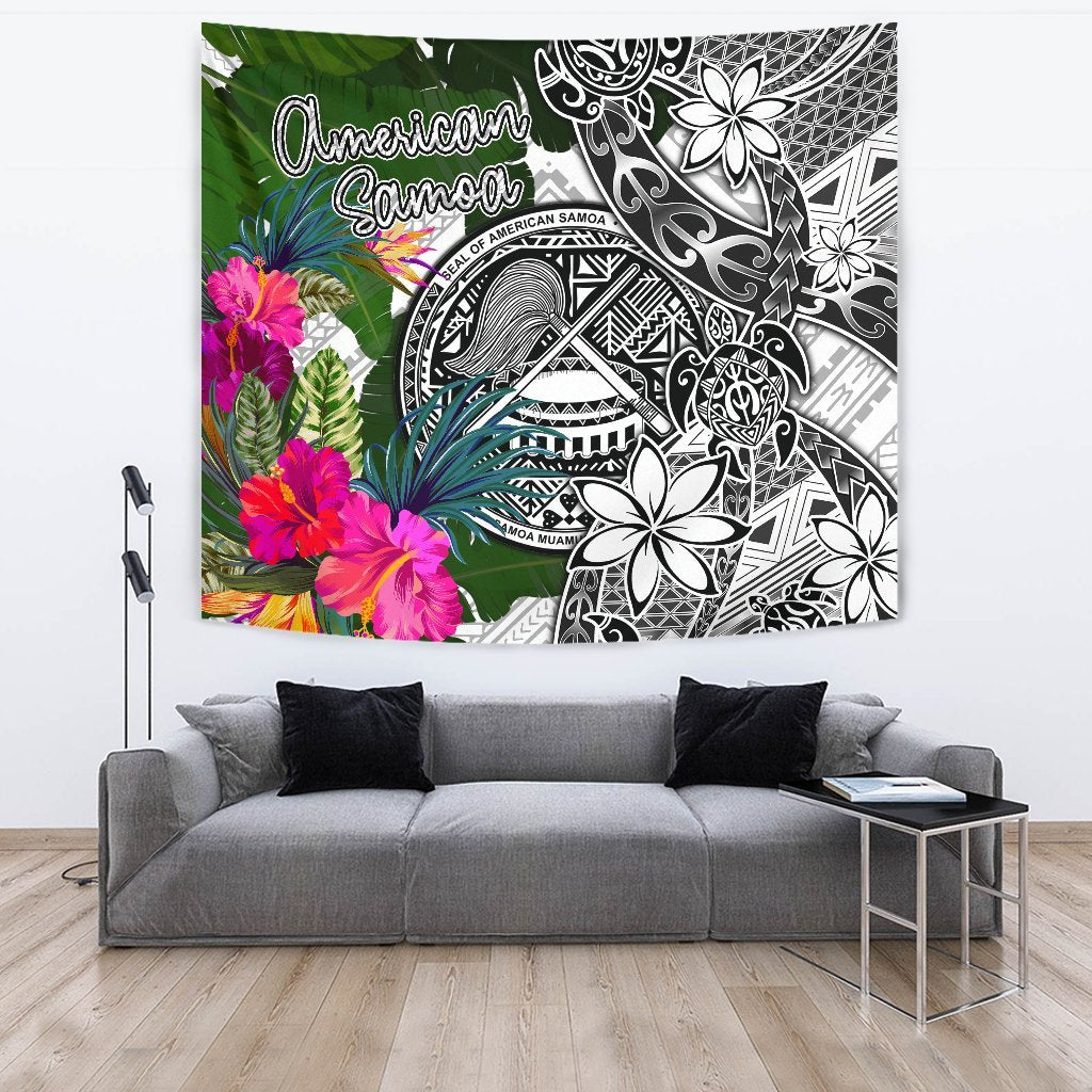 American Samoa Tapestry White - Turtle Plumeria Banana Leaf - Polynesian Pride