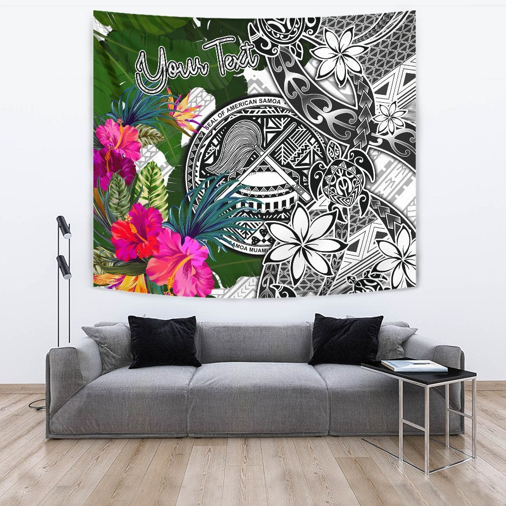 American Samoa Custom Personalised Tapestry White - Turtle Plumeria Banana Leaf - Polynesian Pride