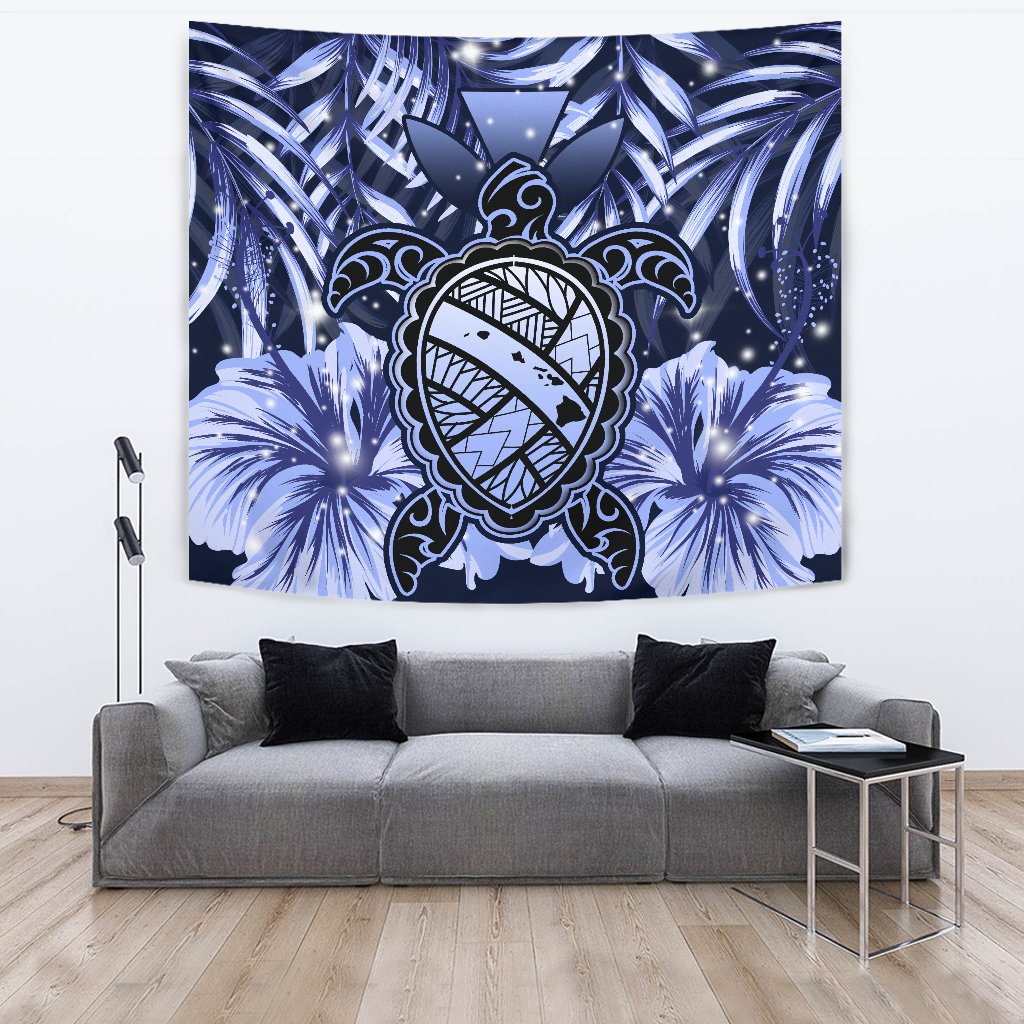 Hawaii Turtle Hibiscus Blue Tapestry - Hac Style - AH Wall Tapestry Blue - Polynesian Pride