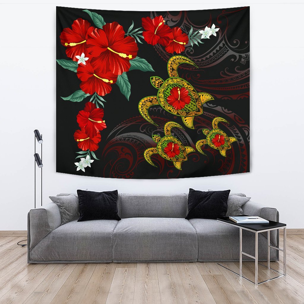 Hawaii Turtle Hibiscus Polynesian Tapestry - Adela Style - AH Wall Tapestry 150cm*150cm Black - Polynesian Pride