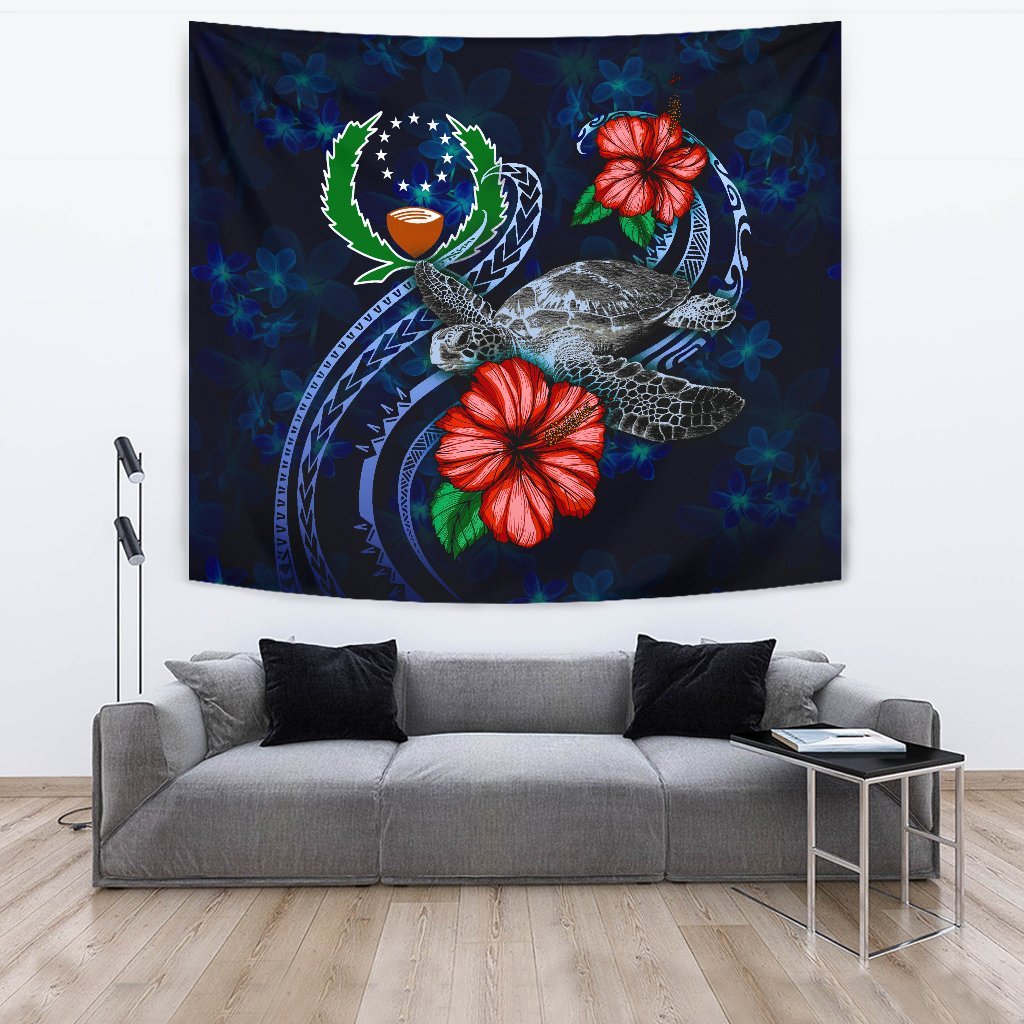 Pohnpei Polynesian Tapestry - Blue Turtle Hibiscus One Style Large 104" x 88" Blue - Polynesian Pride