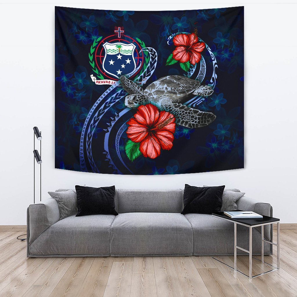 Samoa Polynesian Tapestry - Blue Turtle Hibiscus One Style Large 104" x 88" Blue - Polynesian Pride