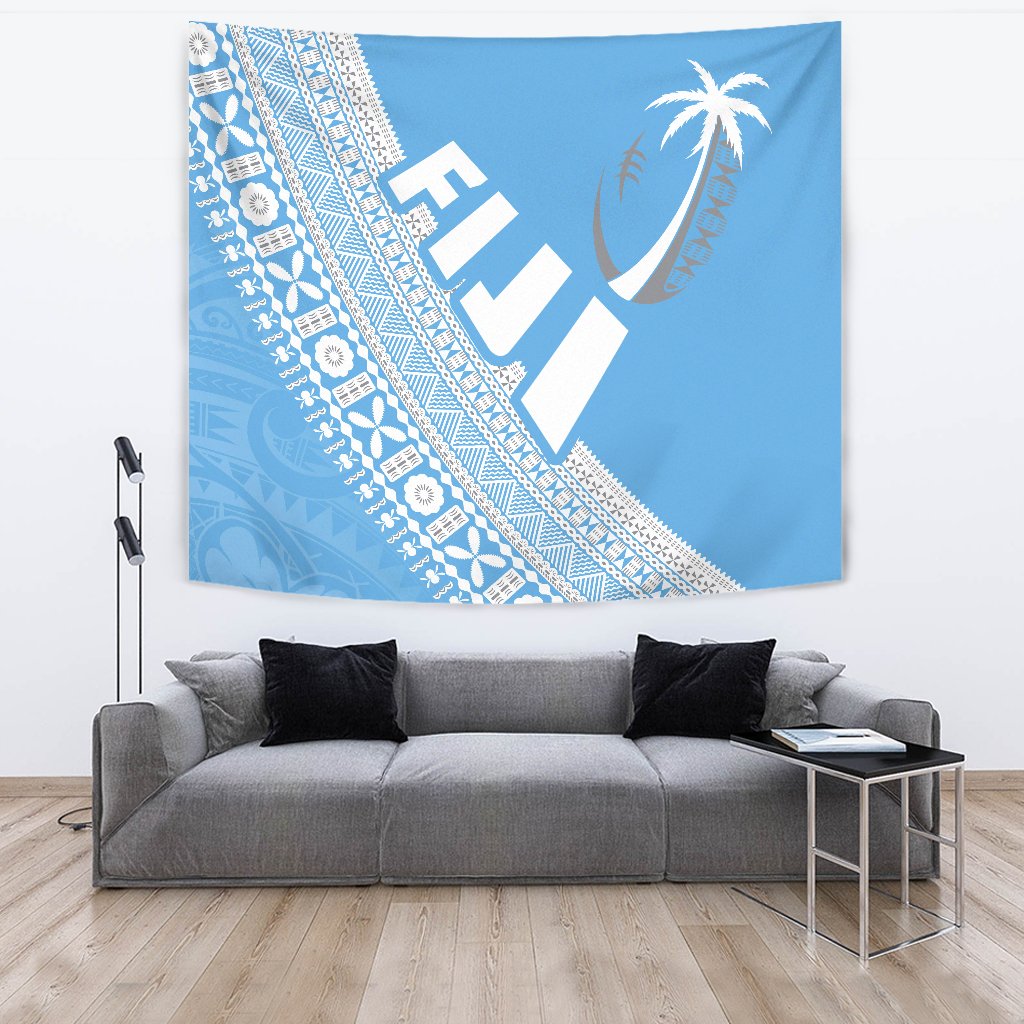 Fiji Tapa Rugby Tapestry version Style You Win - Blue Wall Tapestry Large 104" x 88" Blue - Polynesian Pride