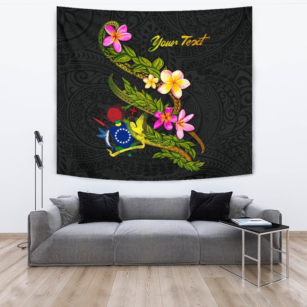 Cook Islands Polynesian Custom Personalised Tapestry - Plumeria Tribal One Style Black - Polynesian Pride