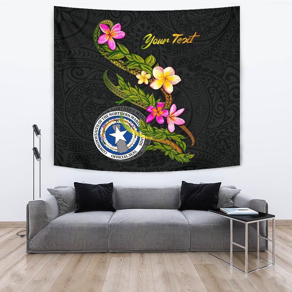 Northern Mariana Islands Polynesian Custom Personalised Tapestry - Plumeria Tribal One Style Black - Polynesian Pride