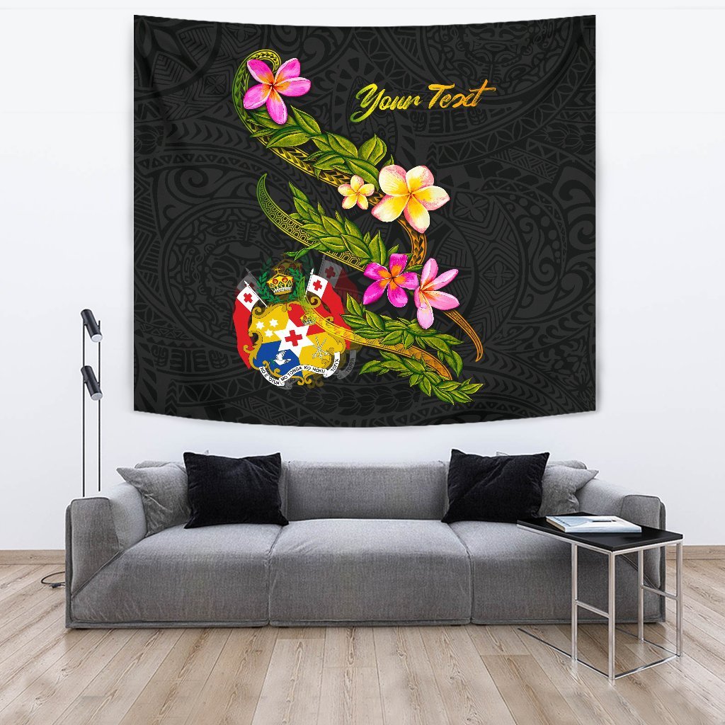 Tonga Polynesian Custom Personalised Tapestry - Plumeria Tribal One Style Black - Polynesian Pride