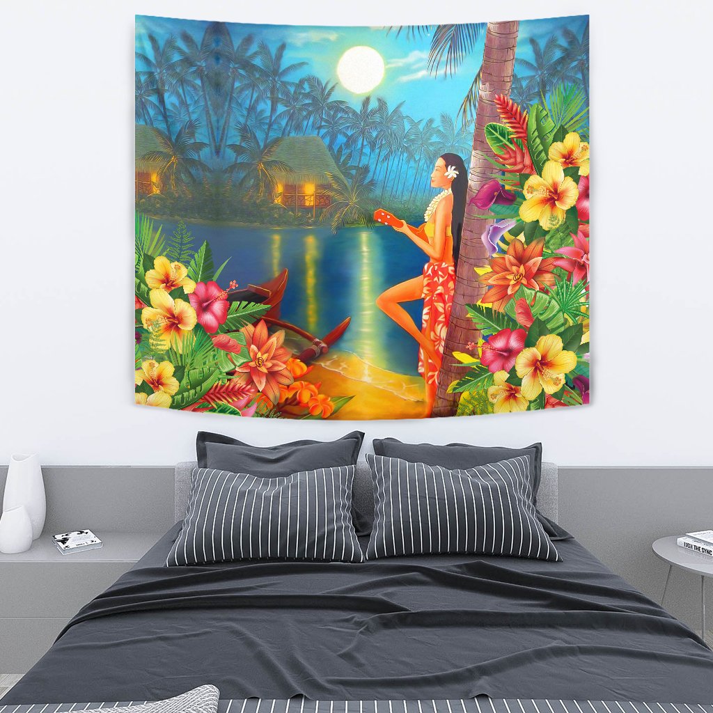 Hula Girl Sing In Village Tapestry - Polynesian Pride