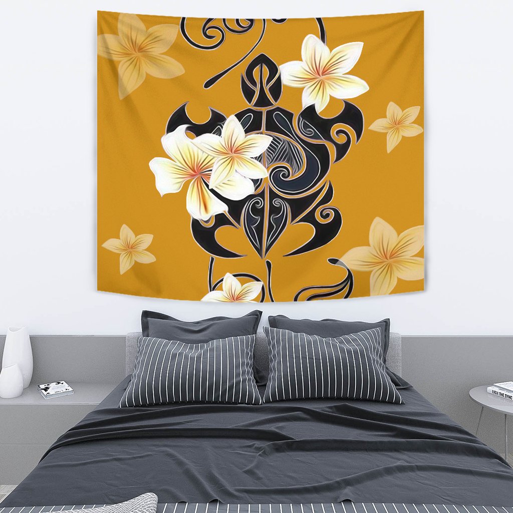 Turtle Poly Tribal Plumeria Yellow Tapestry - Polynesian Pride