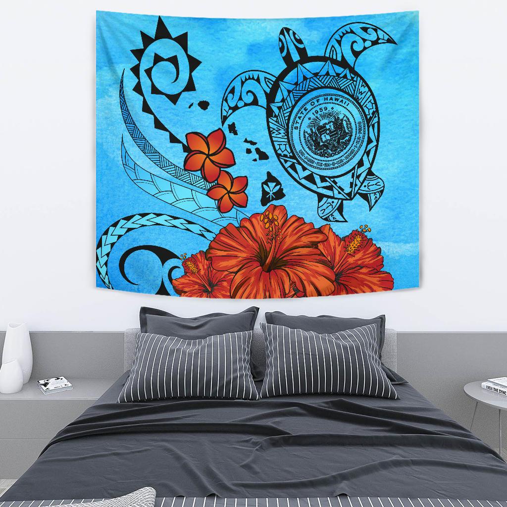 Hawaiian Map Kanaka Sea Turtle Seal Of Hawaii Hibiscus Plumeria Polynesian Tapestry Wall Tapestry Blue - Polynesian Pride