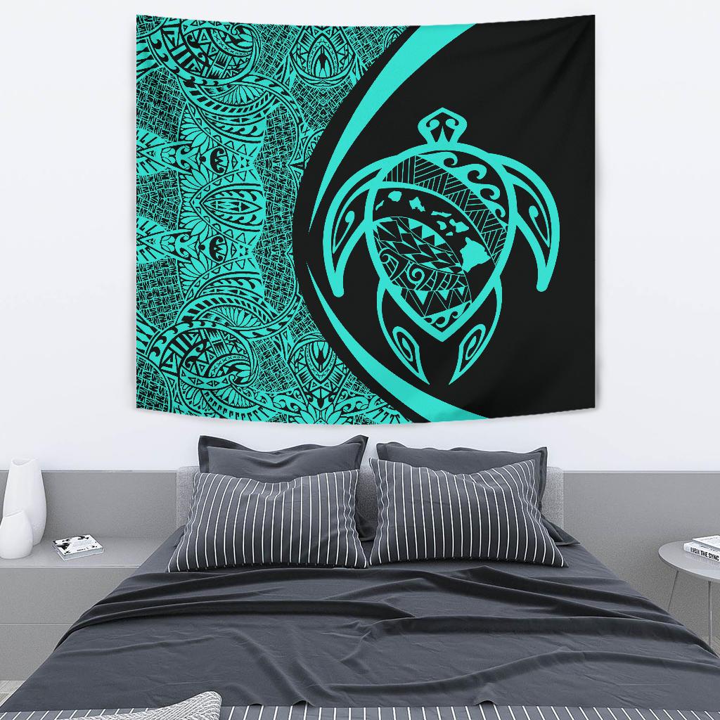 Hawaii Turtle Map Polynesian Tapestry - Turquoise - Circle Style Wall Tapestry Medium 80" x 68" Blue - Polynesian Pride