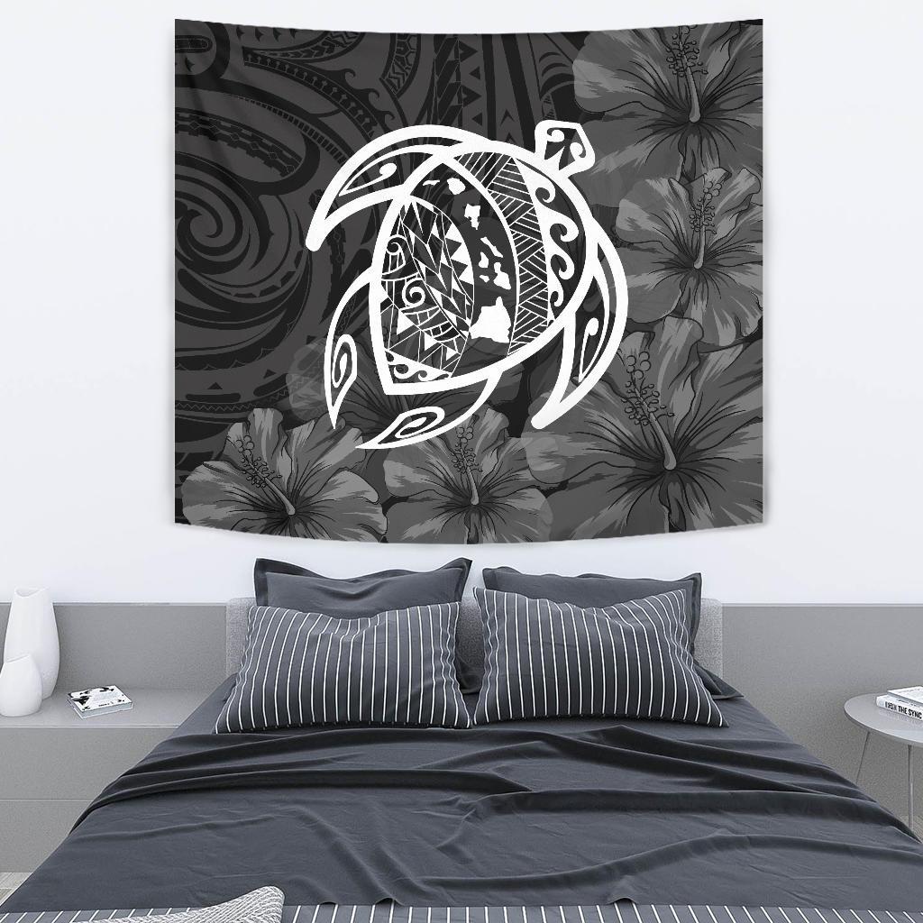 Hawaii Turtle Kanaka Map Hibiscus Poly Tapestry - White Wall Tapestry Medium 80" x 68" White - Polynesian Pride